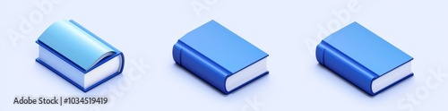 White pages and blue hard cover of a paper book flying in air in different angles. 3D rendering.