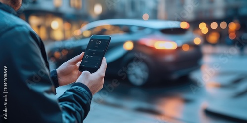 Man using a mobile app to control electric car functions, connected technology, urban background