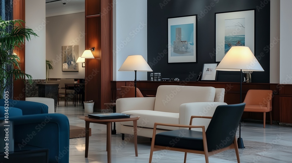 Modern lounge area featuring stylish sofas and ambient lighting in a hotel lobby during the afternoon Modern lounge area featuring stylish sofas and ambient lighting in a hotel lobby during the afternoon
