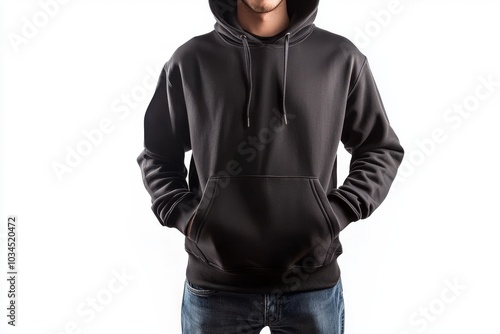 On a white background, a guy wearing a black hooded sweatshirt