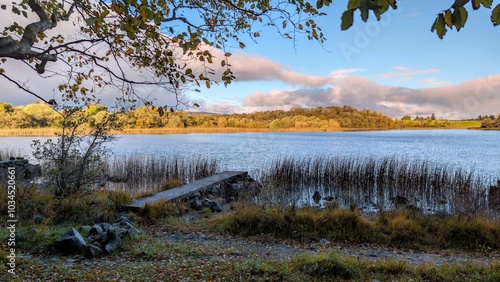 Beautiful lakeside landscape scenery, mountains reflected in Ross lake, county Galway, Ireland, nature background