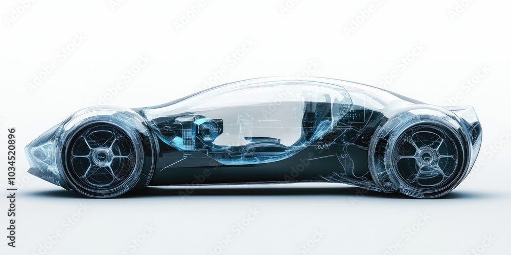 Fototapeta premium Futuristic electric car concept with transparent body, innovative technology showcase, sleek and aerodynamic design