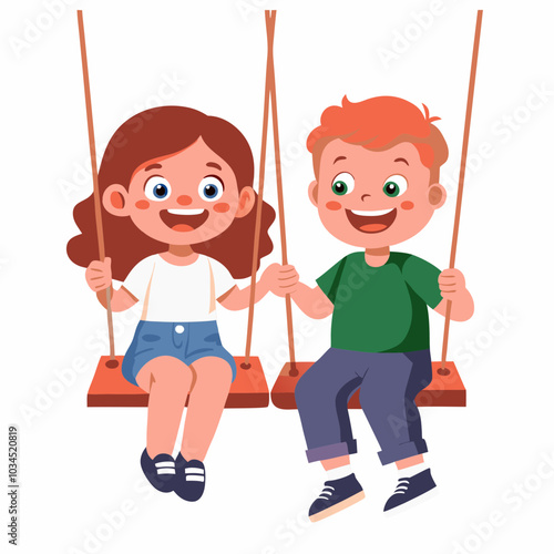 Two kids on swing. Happy boy and girl enjoying outdoor fun together. Joyful excited cute children friends smiling, playing in playground. Flat vector illustration isolated on white background
