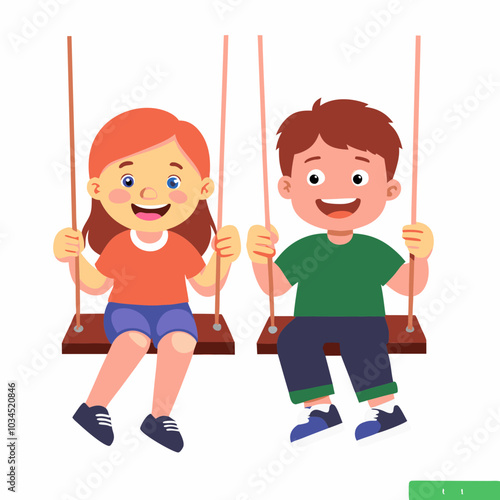 Two kids on swing. Happy boy and girl enjoying outdoor fun together. Joyful excited cute children friends smiling, playing in playground. Flat vector illustration isolated on white background
