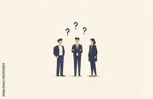 Three Business People Thinking with Question Marks Above Their Heads – Flat Vector Illustration.