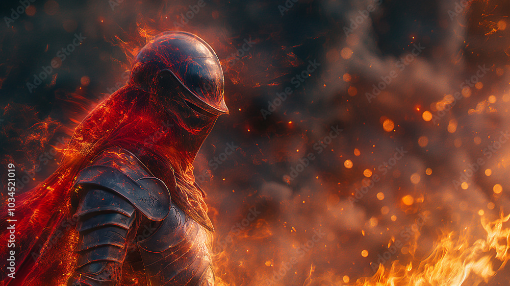 An ancient knight in armor on fire flames sparks in space An ancient knight in armor on fire flames sparks in space