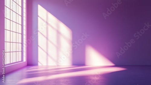 Bright sunlight shines through the purple lighting of the modern interior during the day