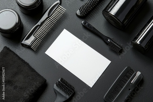 On gray background, shave tools and cosmetics for men, with text space