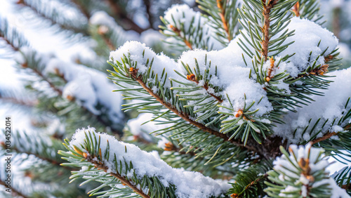 close up snowy pine, winter background, christmas design background