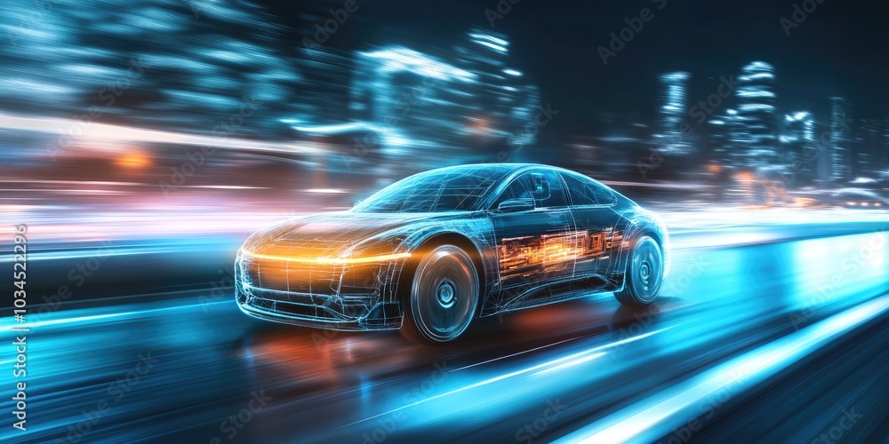 Autonomous electric car navigating city streets, advanced AI technology, urban mobility, future transport Autonomous electric car navigating city streets, advanced AI technology, urban mobility, future transport