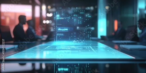 Wallpaper Mural Abstract concept of a digital signature glowing on a floating holographic screen, with a blurred business meeting Torontodigital.ca