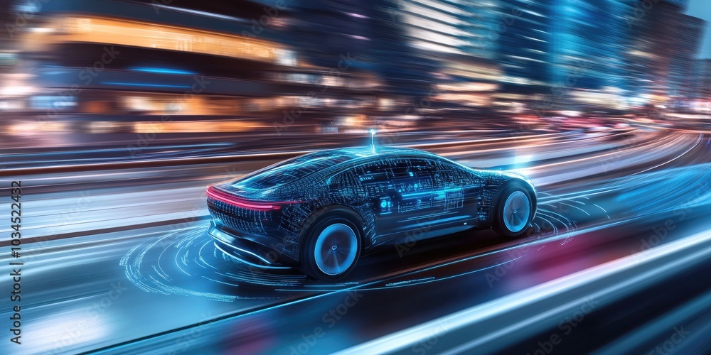 Autonomous electric car navigating city streets, advanced AI technology, urban mobility, future transport Autonomous electric car navigating city streets, advanced AI technology, urban mobility, future transport