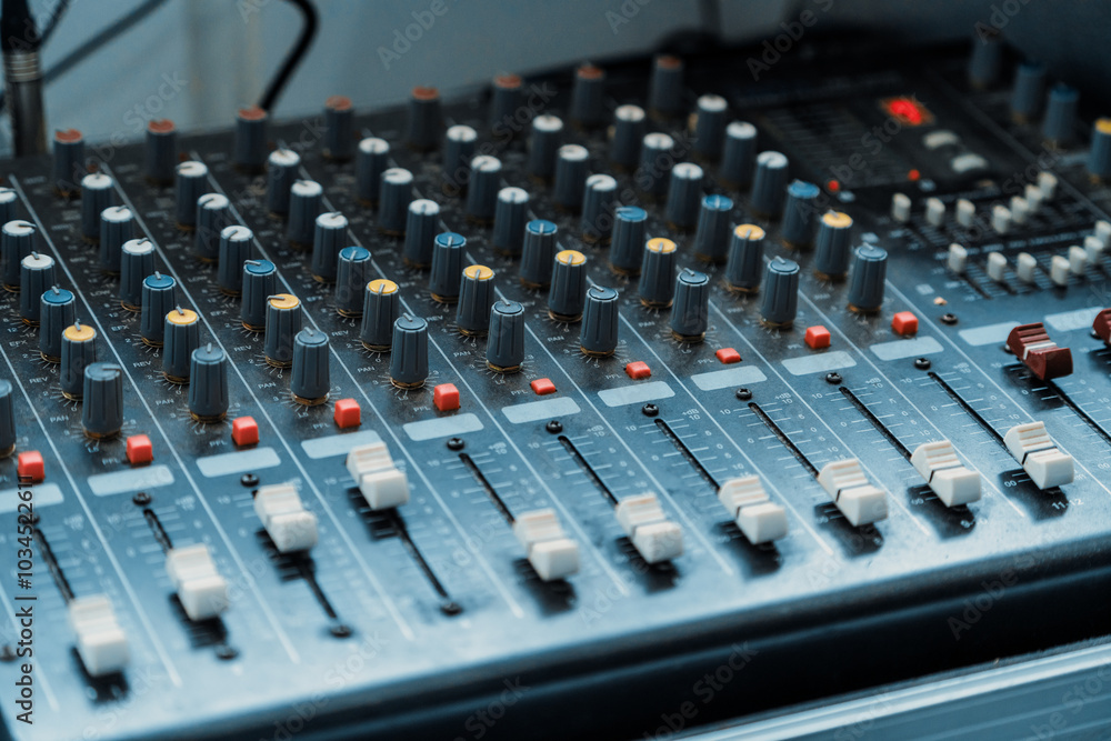 Amplifier mixer and equalizer in studio room in close up view. uds Amplifier mixer and equalizer in studio room in close up view. uds