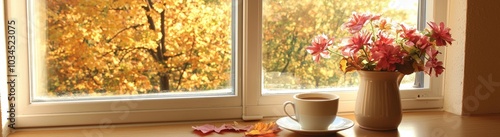 a cup and saucer next to a vase full of pink flowers against the backdrop of yellow trees behind a window with space for text.