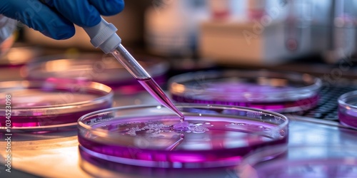 Scientist using a pipette to add a drop of purple liquid to a Petri dish, with a detailed lab background