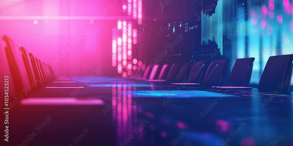 Blurry image of a corporate seminar with a digital signature interface on a floating hologram, abstract background Blurry image of a corporate seminar with a digital signature interface on a floating hologram, abstract background