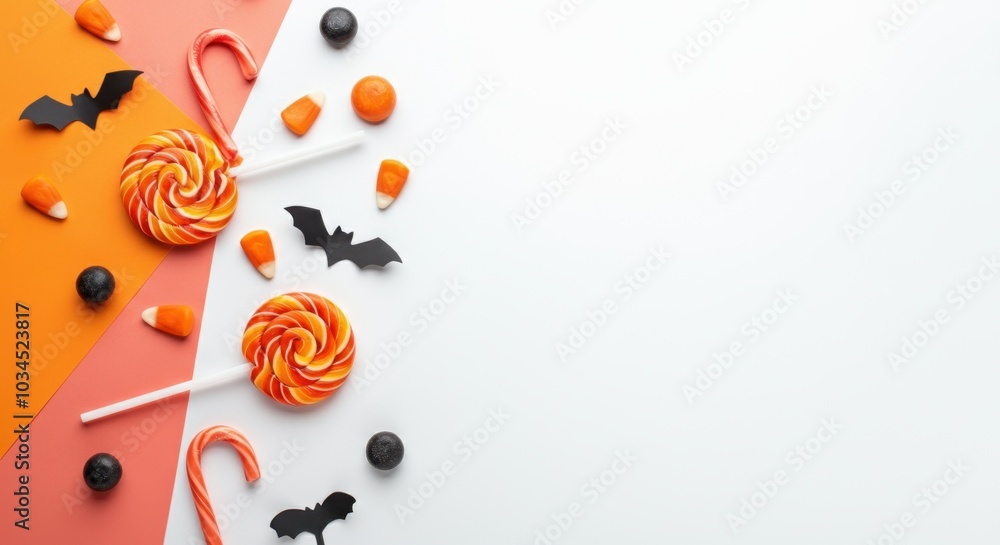 Fototapeta premium Halloween-themed candy assortment with lollipops, corn, and bat decorations on orange white background