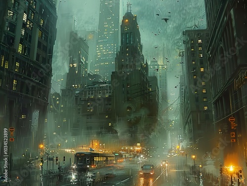 Rainy Night in a Futuristic Cityscape