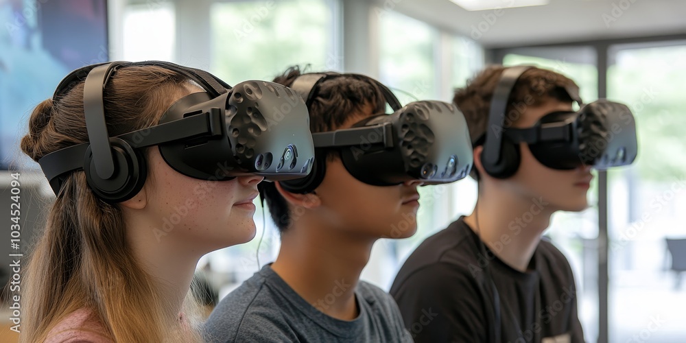 Advanced learning environment with immersive virtual reality tools, students engaging in interactive and informative experiences Advanced learning environment with immersive virtual reality tools, students engaging in interactive and informative experiences