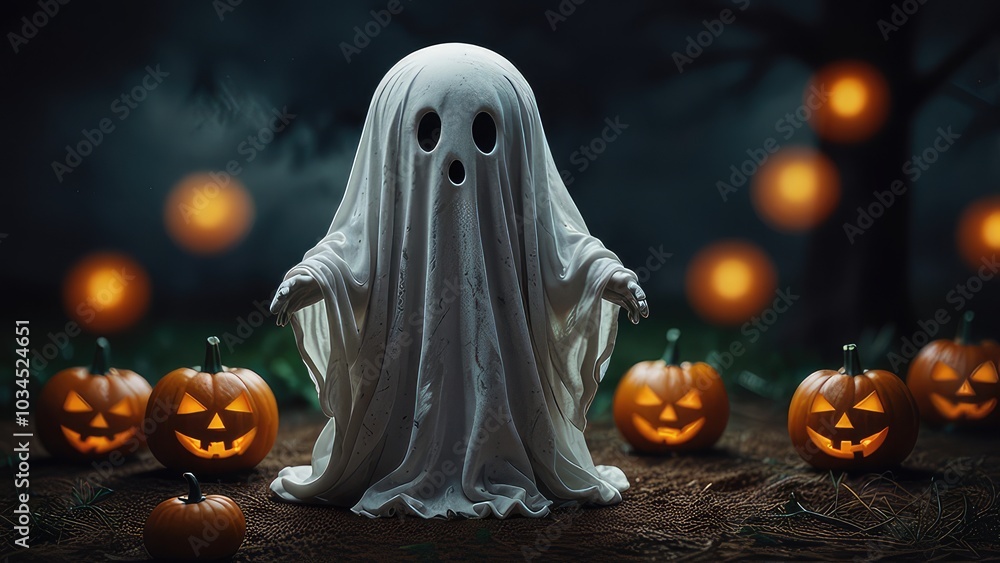 Halloween ghost on a scary Halloween night. Lighten pumpkin, dense forest, foggy night jpeg Halloween ghost on a scary Halloween night. Lighten pumpkin, dense forest, foggy night jpeg