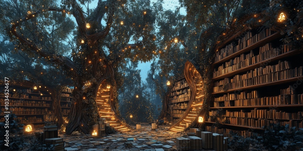 Virtual library in an enchanted forest with tree trunks as shelves, glowing book fairies, and magical digital books Virtual library in an enchanted forest with tree trunks as shelves, glowing book fairies, and magical digital books