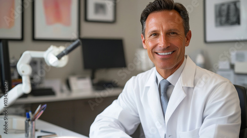 Smiling medical professional portrait in modern office with copy space