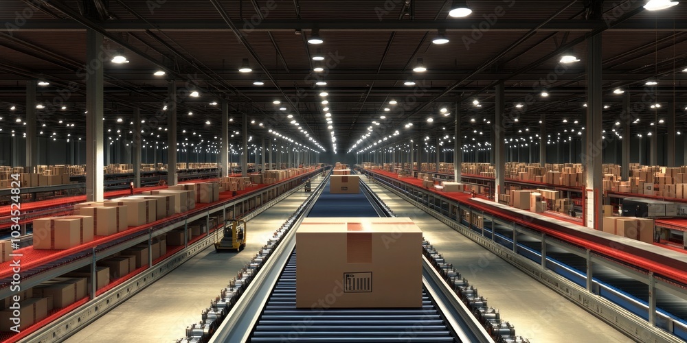 Obraz premium High-efficiency warehouse with robotic sorting lines, automated packaging systems, and advanced inventory tracking