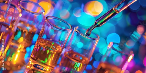 Laboratory table filled with various glassware and colorful reagents, with a close-up of a dropper in use