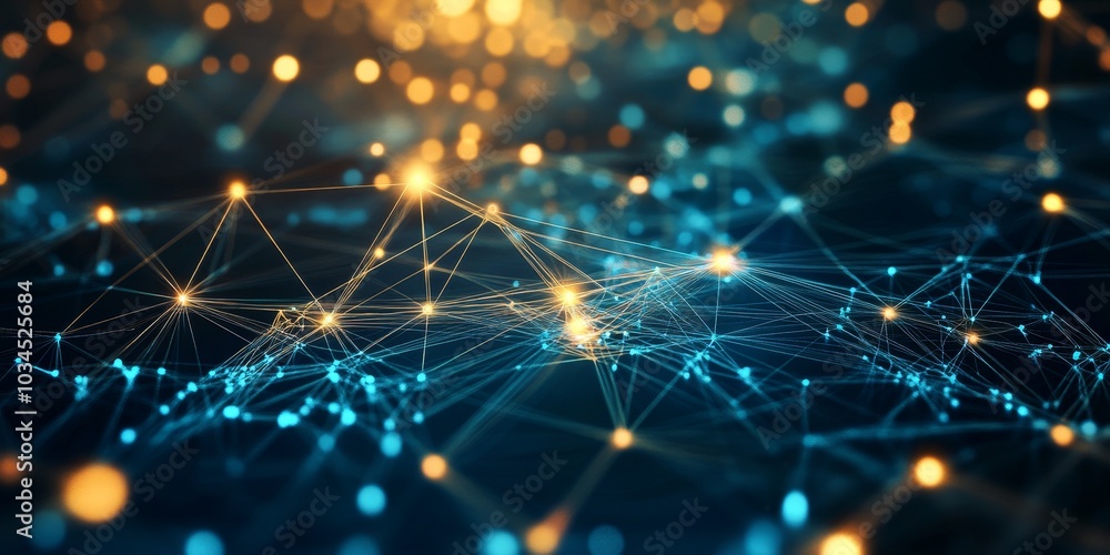 Abstract background with glowing lines and nodes linking business icons and data points, illustrating online communication Abstract background with glowing lines and nodes linking business icons and data points, illustrating online communication