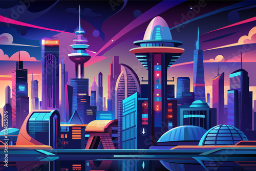 Futuristic city skyline with neon lights and towering skyscrapers at dusk showcasing advanced architecture and vibrant colors