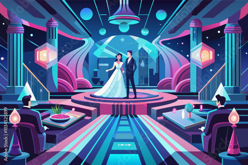 A futuristic gala event featuring a woman in a stunning white gown surrounded by men in suits, set against a vibrant city skyline at night in a high-tech venue