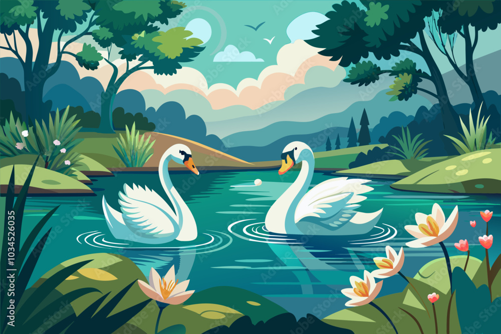 Obraz premium Two elegant swans gracefully gliding across a serene lake surrounded by lush greenery, colorful flowers, and majestic mountains at sunset