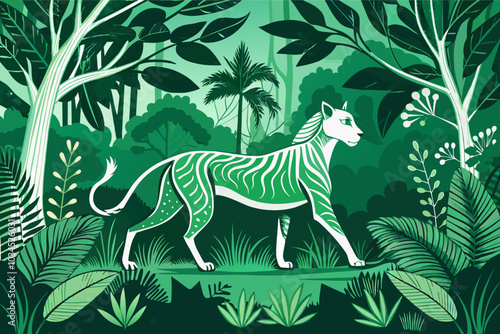 A stylized green tiger walking through a lush jungle, surrounded by vibrant plants and trees in a serene natural setting during daytime