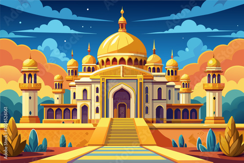 A vibrant illustration of a grand palace surrounded by lush greenery, set against a colorful sky during twilight hours, showcasing its impressive architecture and golden domes