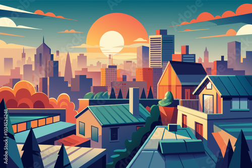 Vibrant sunset over a city skyline featuring a mix of modern and traditional architecture with colorful clouds reflecting the evening light