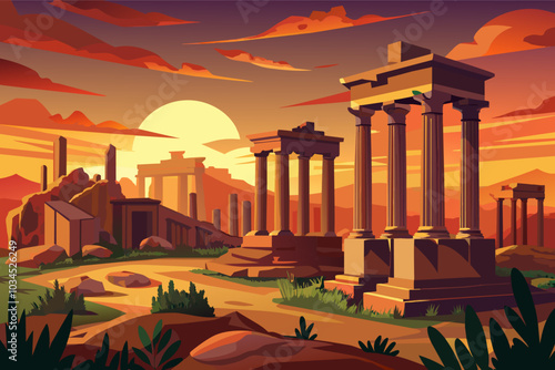 Ruins of an ancient temple at sunset with vibrant skies and silhouettes of crumbling columns in a historical landscape
