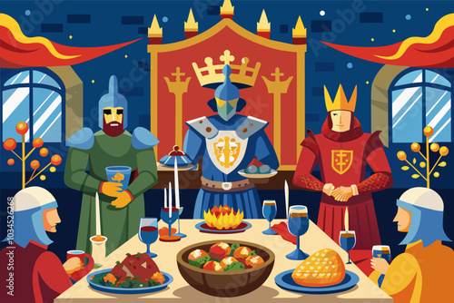 A medieval feast featuring knights at a grand table adorned with various dishes and drinks in a castle dining hall