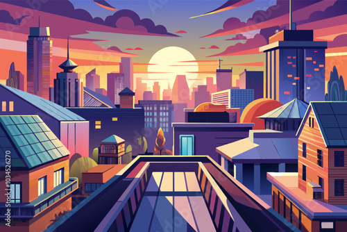 Vibrant sunset over a city skyline featuring a mix of modern and traditional architecture with colorful clouds reflecting the evening light