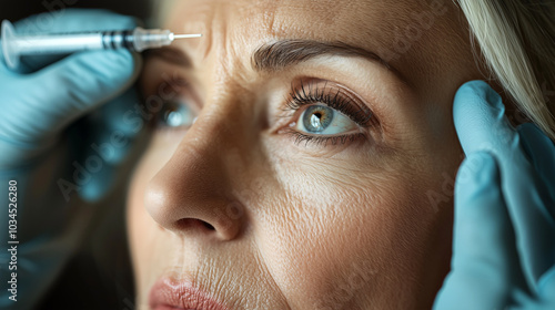 Obraz na płótnie Portrait of an old woman taking care of her face skin with botox syringes or injection, beauty and cosmetician procedure, ai generated image, hd w salonie