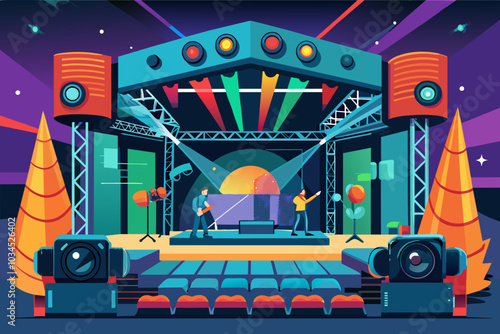 Colorful outdoor concert stage with musicians preparing for a lively performance at sunset featuring dynamic lighting and decorations