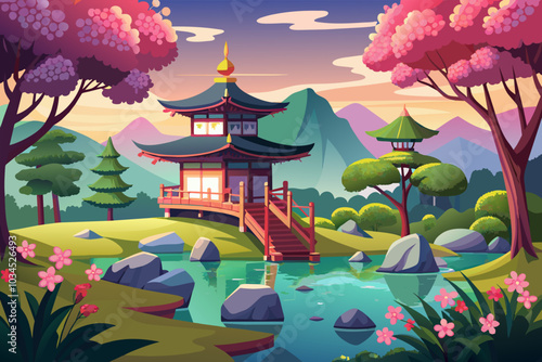 A serene and picturesque scene featuring a traditional bridge leading to a pagoda surrounded by cherry blossoms and mountains at sunset