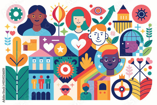 Colorful abstract illustration showcasing diversity and inclusion with various symbols of community and acceptance displayed in a vibrant, modern design