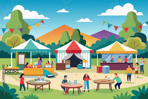 Community festival in a scenic outdoor park with colorful tents, games, and families enjoying activities in the afternoon