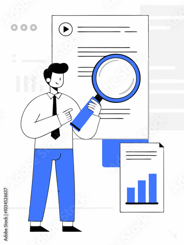 A person in business attire is examining documents using a magnifying glass, emphasizing thorough inspection and attention to detail. Ideal for business analysis, auditing, research, investigation
