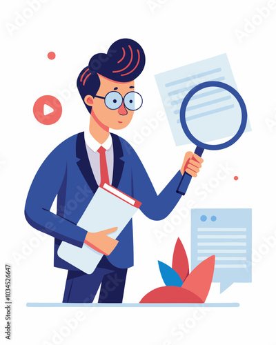 A person in business attire is examining documents using a magnifying glass, emphasizing thorough inspection and attention to detail. Ideal for business analysis, auditing, research, investigation
