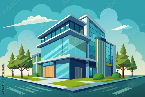 A modern architectural building situated by a serene waterway, surrounded by lush trees and a clear blue sky, designed with large glass windows and vibrant landscaping