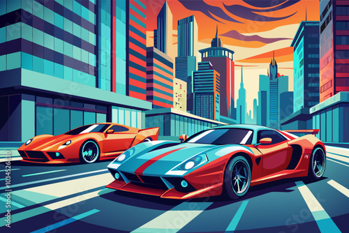 Dynamic urban landscape featuring two high-performance sports cars racing at sunset in a bustling city