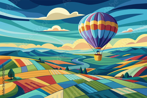 A vibrant hot air balloon experience in a colorful landscape with rolling hills and fields during a bright day