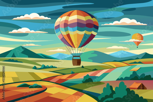 A vibrant hot air balloon experience in a colorful landscape with rolling hills and fields during a bright day