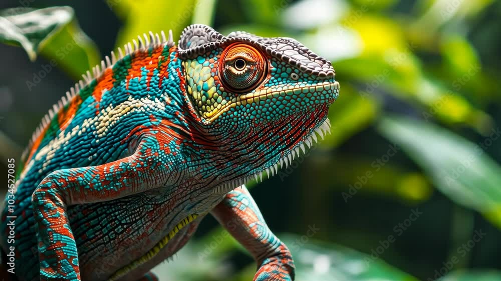A chameleon with bright blue, orange, and green scales rests on a branch in a lush green rainforest A chameleon with bright blue, orange, and green scales rests on a branch in a lush green rainforest